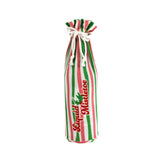 pink, green, and white striped wine bag with “Liquid Mistletoe” printed on the front