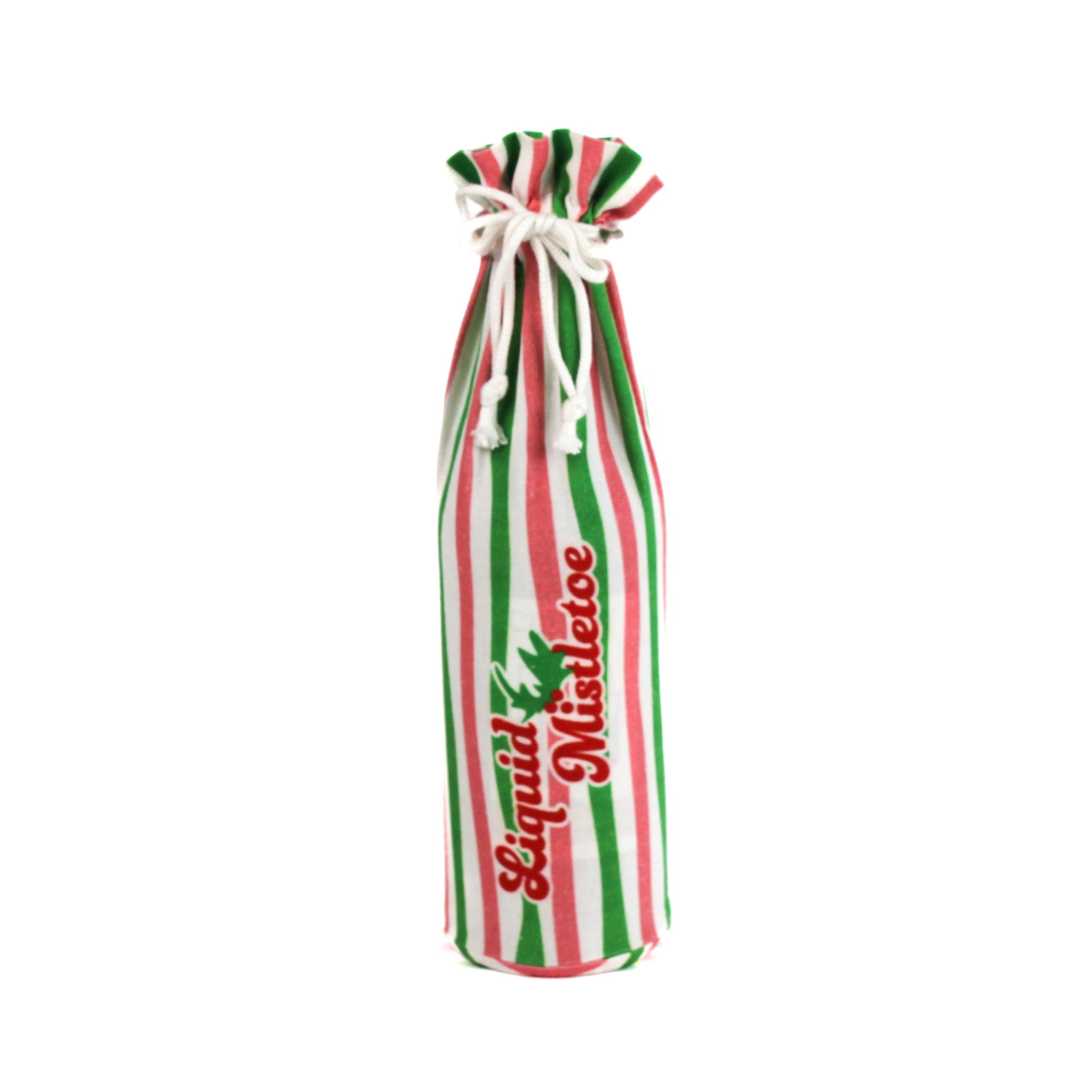 pink, green, and white striped wine bag with “Liquid Mistletoe” printed on the front