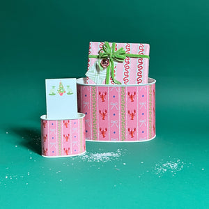 Lobster and Ribbons filled duo of caddies in large and small on a green background