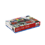 1000-piece London puzzle by Michael Storrings featuring an illustrated scene of iconic London landmarks, double-decker buses, busy streets, and people walking. Product details, artist bio, and puzzle information shown on the packaging.