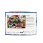 Back of a 1000-piece London puzzle by Michael Storrings featuring an illustrated scene of iconic London landmarks, double-decker buses, busy streets, and people walking. Product details, artist bio, and puzzle information shown on the packaging.