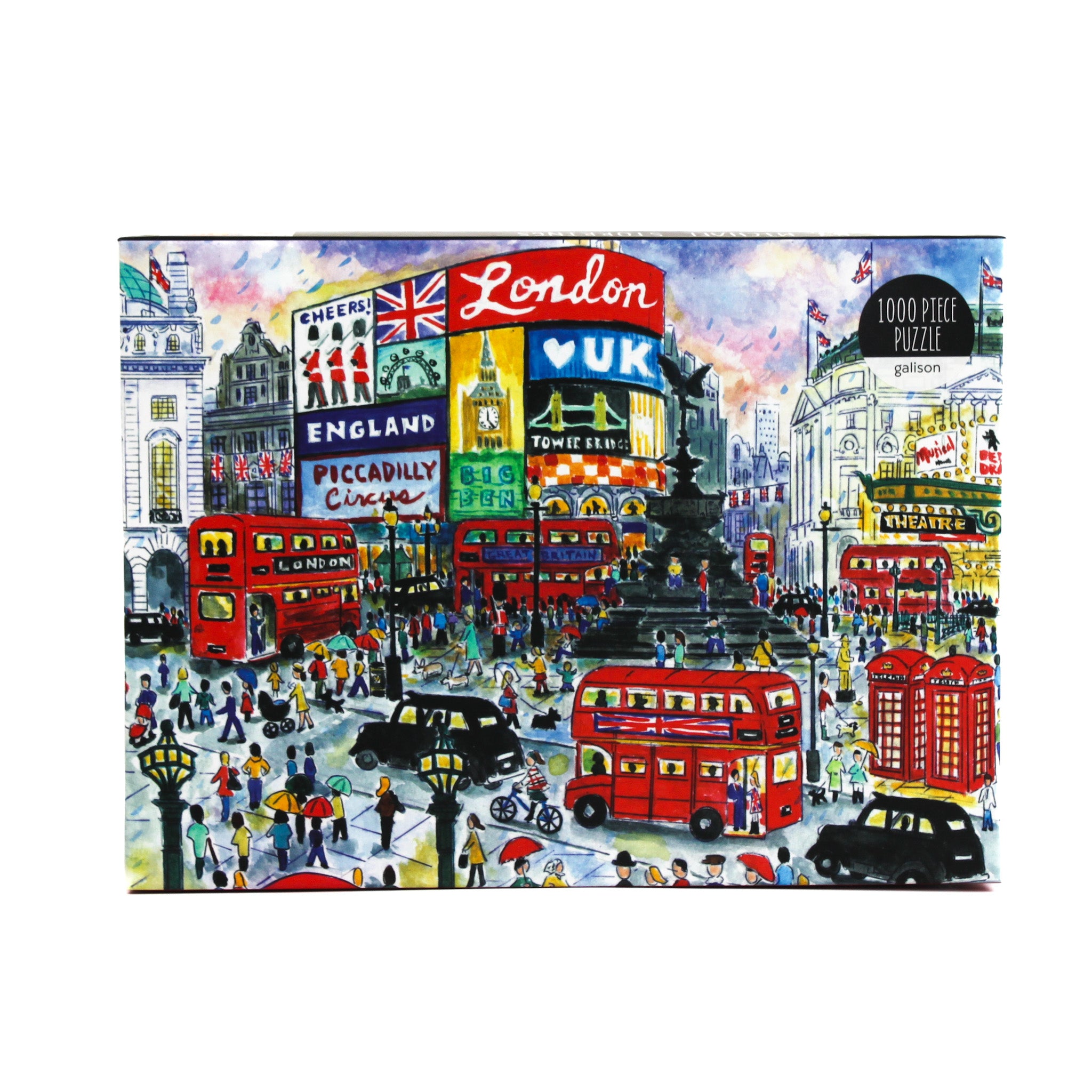 000-piece London puzzle by Michael Storrings featuring an illustrated scene of iconic London landmarks, double-decker buses, busy streets, and people walking. Product details, artist bio, and puzzle information shown on the packaging.