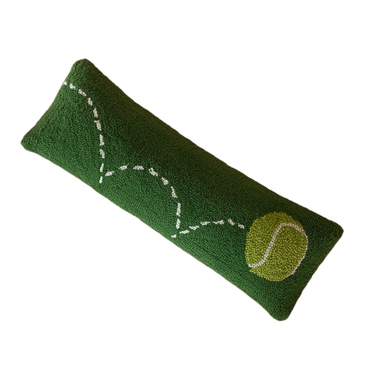 A rectangular green tennis pillow with a green bouncing tennis ball motif