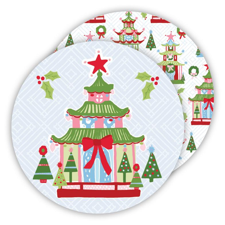 Festive Pagodas Christmas Round Paper Coasters