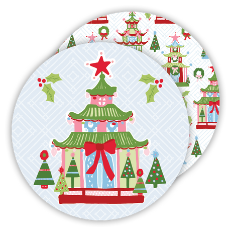 Festive Pagodas Christmas Round Paper Coasters