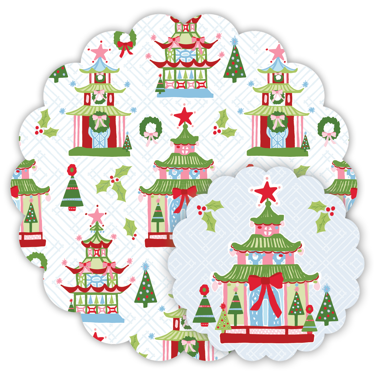 Festive Pagodas Christmas Doily Set