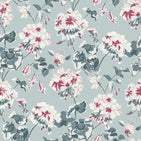 Geranium wallpaper featuring red, pink and white geraniums on a light blue background. 