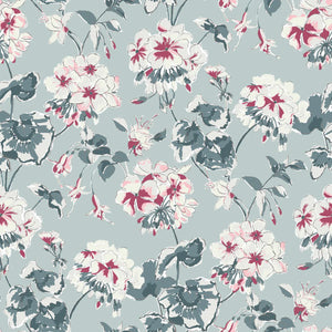 Geranium wallpaper featuring red, pink and white geraniums on a light blue background. 