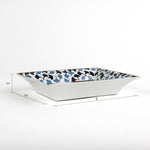 dimensions of a Madcap cottage blue and white porcelain trinket tray with the saying Children are wonderful but dogs don't have to go to college.  1.5" x 6.5" x 8"