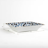 dimensions of a Madcap cottage blue and white porcelain trinket tray with the saying Children are wonderful but dogs don't have to go to college.  1.5" x 6.5" x 8"