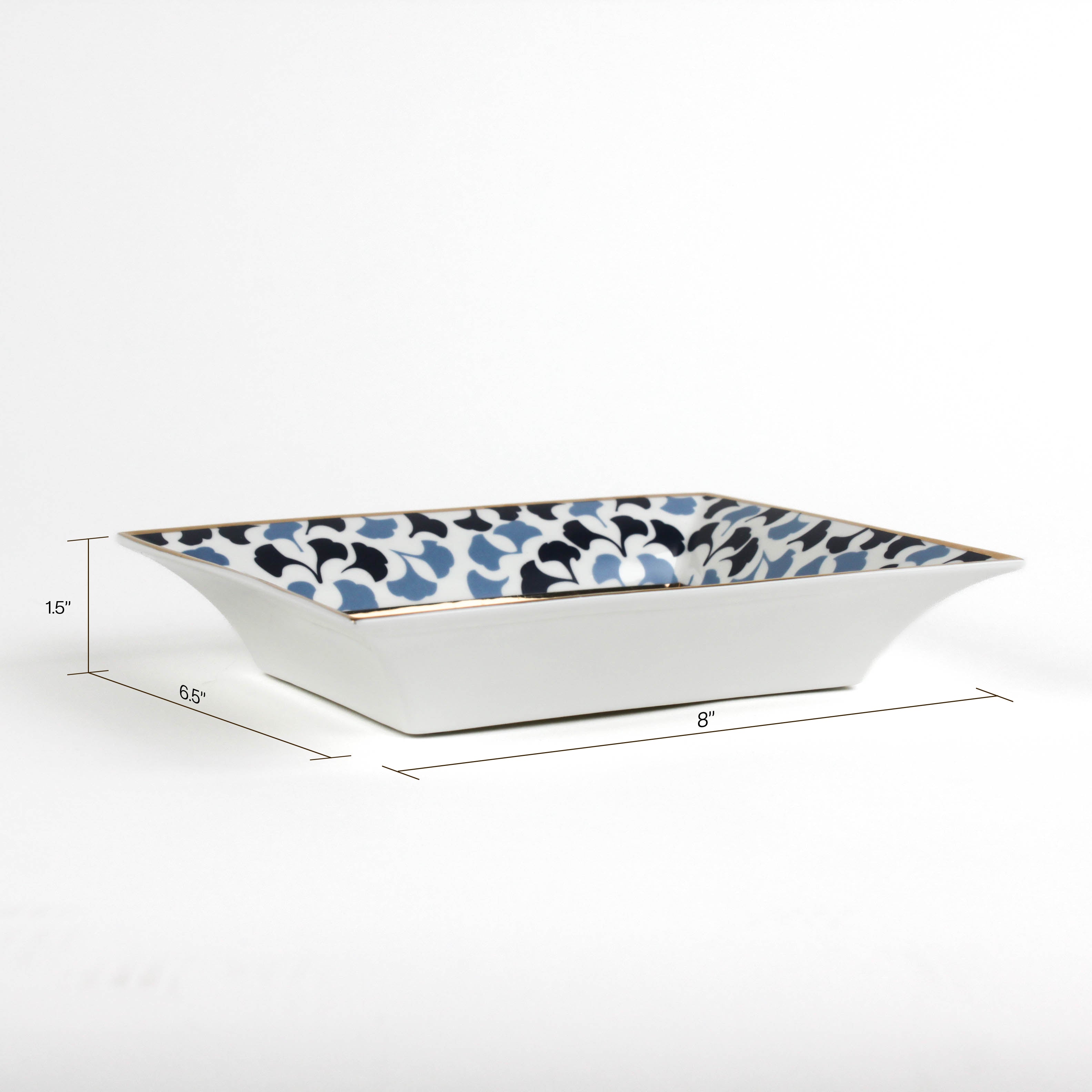 dimensions of a Madcap cottage blue and white porcelain trinket tray with the saying Children are wonderful but dogs don't have to go to college.  1.5" x 6.5" x 8"