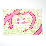 Madcap Cottage branded gift wrap featuring pink ribbon bow illustration and green patterned background with logo text, displayed on a white background.