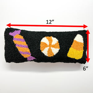 Madcap Cottage Black Halloween Throw pillow with three candy motifs dimension size 12" by 6"