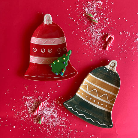 Red and Green Ceramic Accent Plate Shaped like a Bell