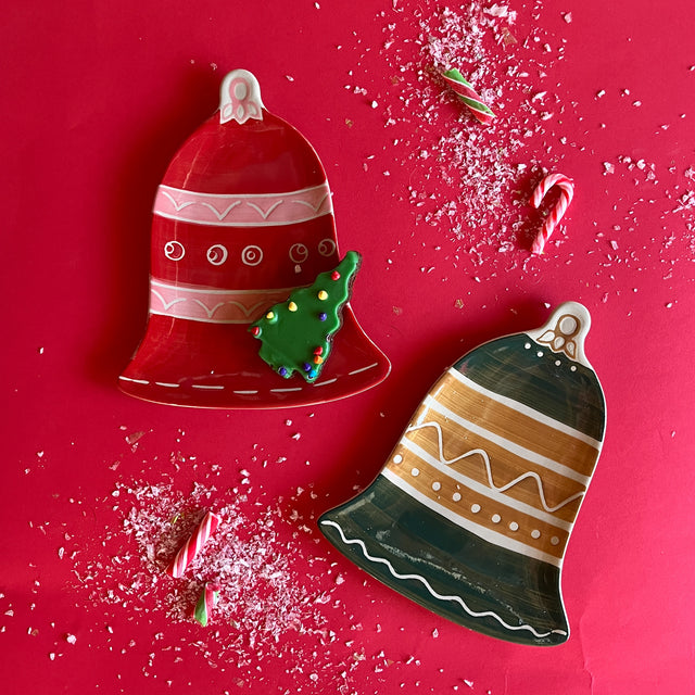 Red and Green Ceramic Accent Plate Shaped like a Bell