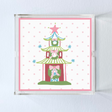 Green Christmas Pagoda Square Acrylic Tray, 3 Sizes. Pagoda has a Christmas wreath with a pink polka dot background and pink border