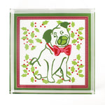 Pug in middle with holly around Square Christmas Acrylic Tray in large Size.  Pug has a bowtie of red and pink, border around the edge is green, pink, with red dots.