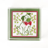 Pug in middle with holly around Square Christmas Acrylic Tray in medium Size.  Pug has a bowtie of red and pink, border around the edge is green, pink, with red dots.