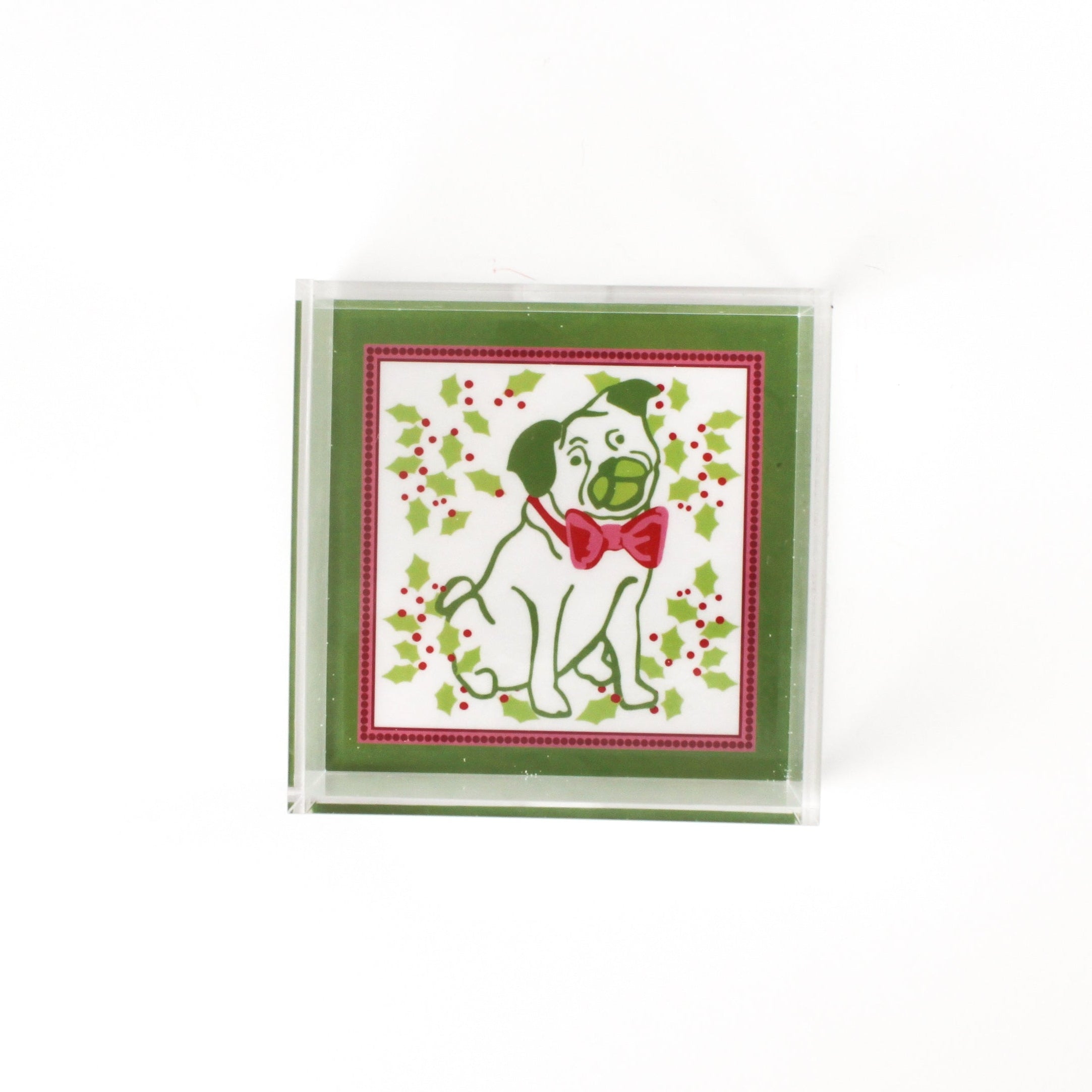 Pug in middle with holly around Square Christmas Acrylic Tray in small Size.  Pug has a bowtie of red and pink, border around the edge is green, pink, with red dots.