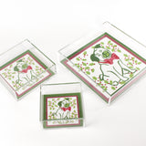 Pug in middle with holly around Square Christmas Acrylic Tray in 3 Sizes.  Pug has a bowtie of red and pink, border around the edge is green, pink, with red dots.