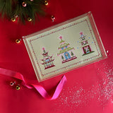 Christmas Pagodas Rectangular Acrylic Tray, in 2 sizes.  Three different style pagodas on a green background.  Festive border of dots under a small scallop.