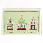 Christmas Pagodas Rectangular Acrylic Tray, in 2 sizes.  Three different style pagodas on a green background.  Festive border of dots under a small scallop.