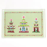 Christmas Pagodas Rectangular Acrylic Tray, in 2 sizes.  Three different style pagodas on a green background.  Festive border of dots under a small scallop.