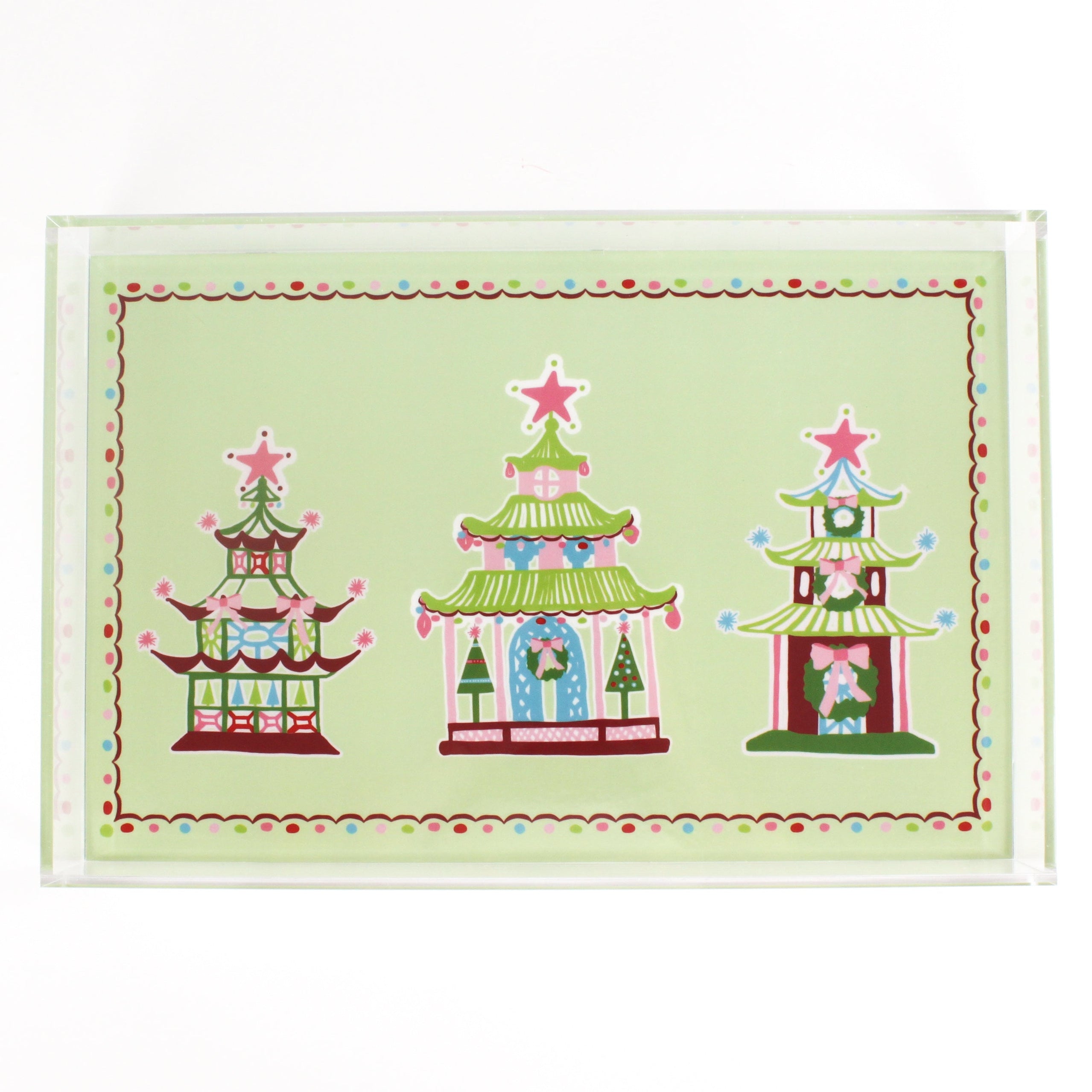 Christmas Pagodas Rectangular Acrylic Tray, in 2 sizes.  Three different style pagodas on a green background.  Festive border of dots under a small scallop.