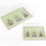 Christmas Pagodas Rectangular Acrylic Tray, in 2 sizes.  Three different style pagodas on a green background.  Festive border of dots under a small scallop.