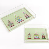Christmas Pagodas Rectangular Acrylic Tray, in 2 sizes.  Three different style pagodas on a green background.  Festive border of dots under a small scallop.