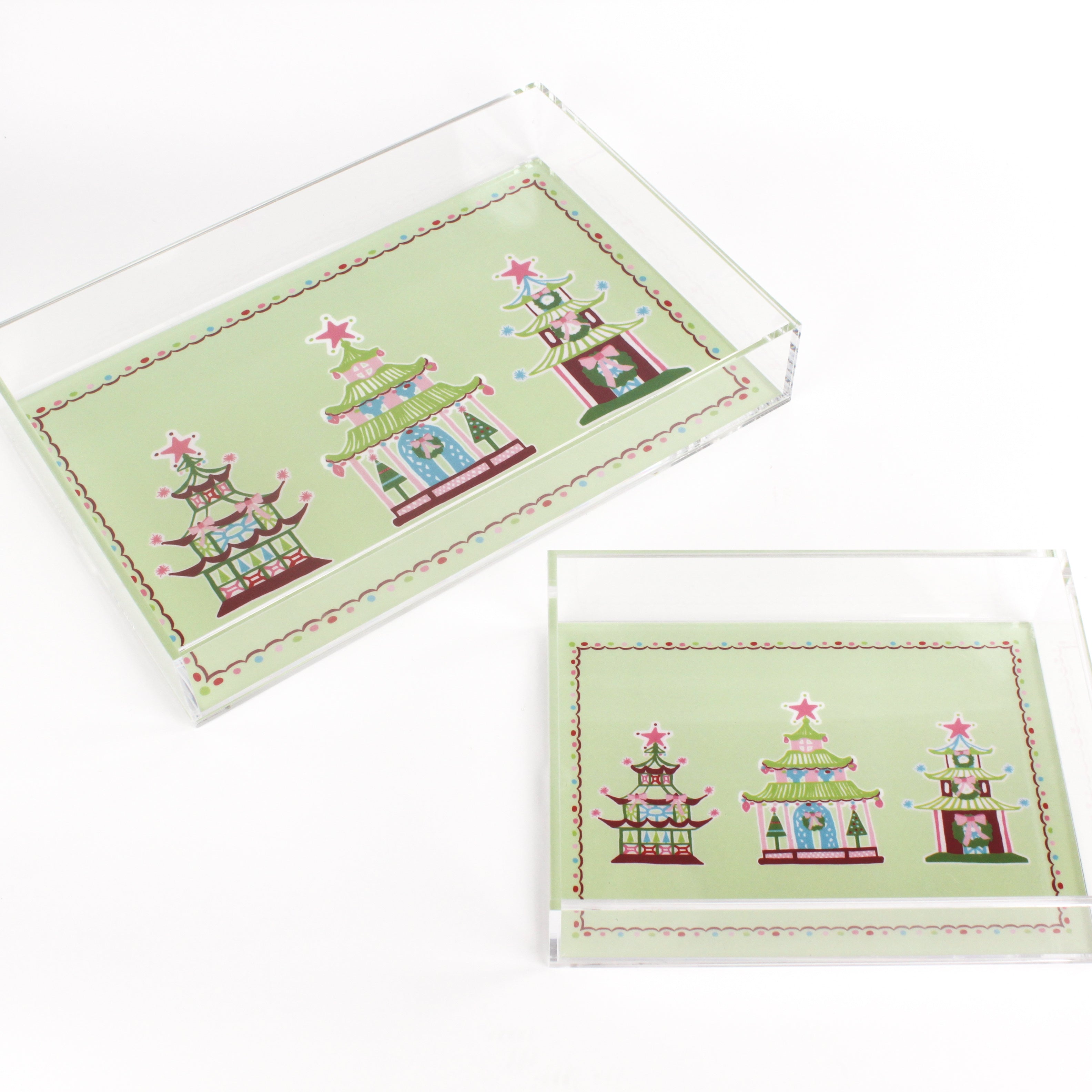 Christmas Pagodas Rectangular Acrylic Tray, in 2 sizes.  Three different style pagodas on a green background.  Festive border of dots under a small scallop.