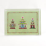 Christmas Pagodas Rectangular Acrylic Tray, in 2 sizes.  Three different style pagodas on a green background.  Festive border of dots under a small scallop.