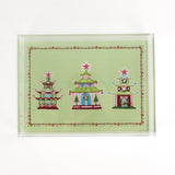 Christmas Pagodas Rectangular Acrylic Tray, in 2 sizes.  Three different style pagodas on a green background.  Festive border of dots under a small scallop.
