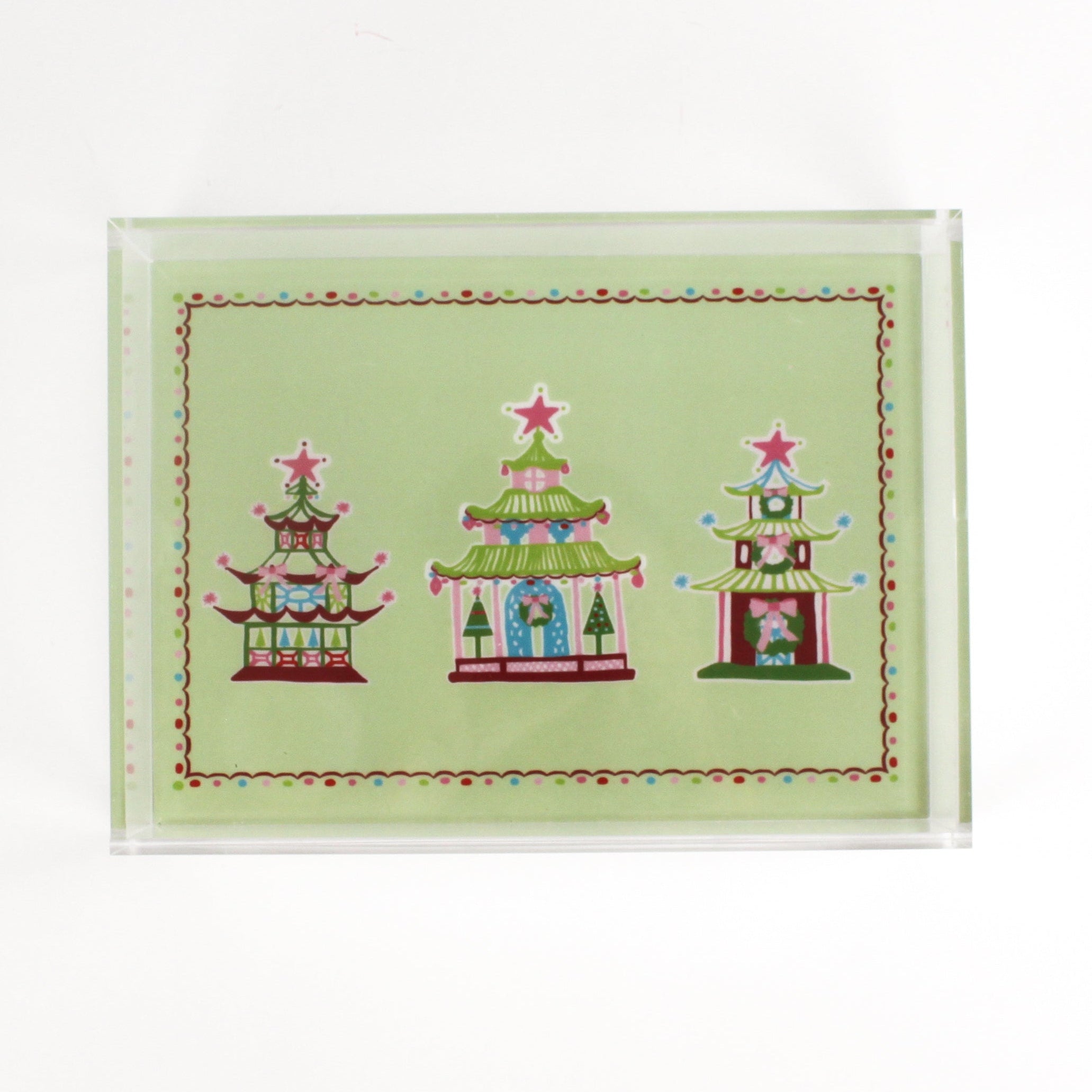 Christmas Pagodas Rectangular Acrylic Tray, in 2 sizes.  Three different style pagodas on a green background.  Festive border of dots under a small scallop.