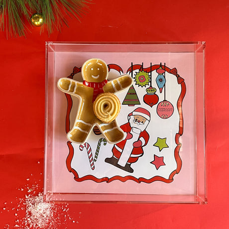 Square acrylic tray with Santa & Friends, stars, ornaments, and candy canes on white background with pink and red border.
