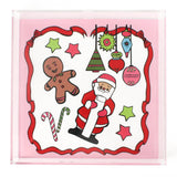 Square acrylic tray with Santa & Friends, stars, ornaments, and candy canes on white background with pink and red border.
