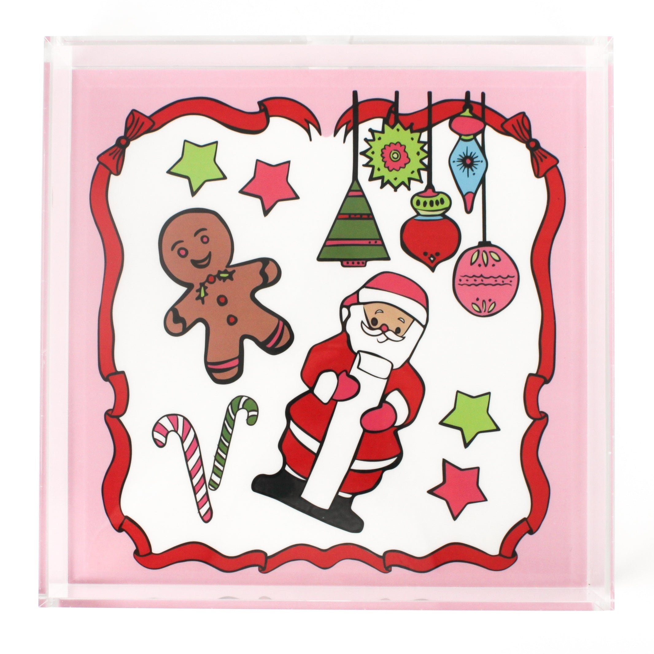 Square acrylic tray with Santa & Friends, stars, ornaments, and candy canes on white background with pink and red border.