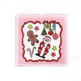 Square acrylic tray with Santa & Friends, stars, ornaments, and candy canes on white background with pink and red border.