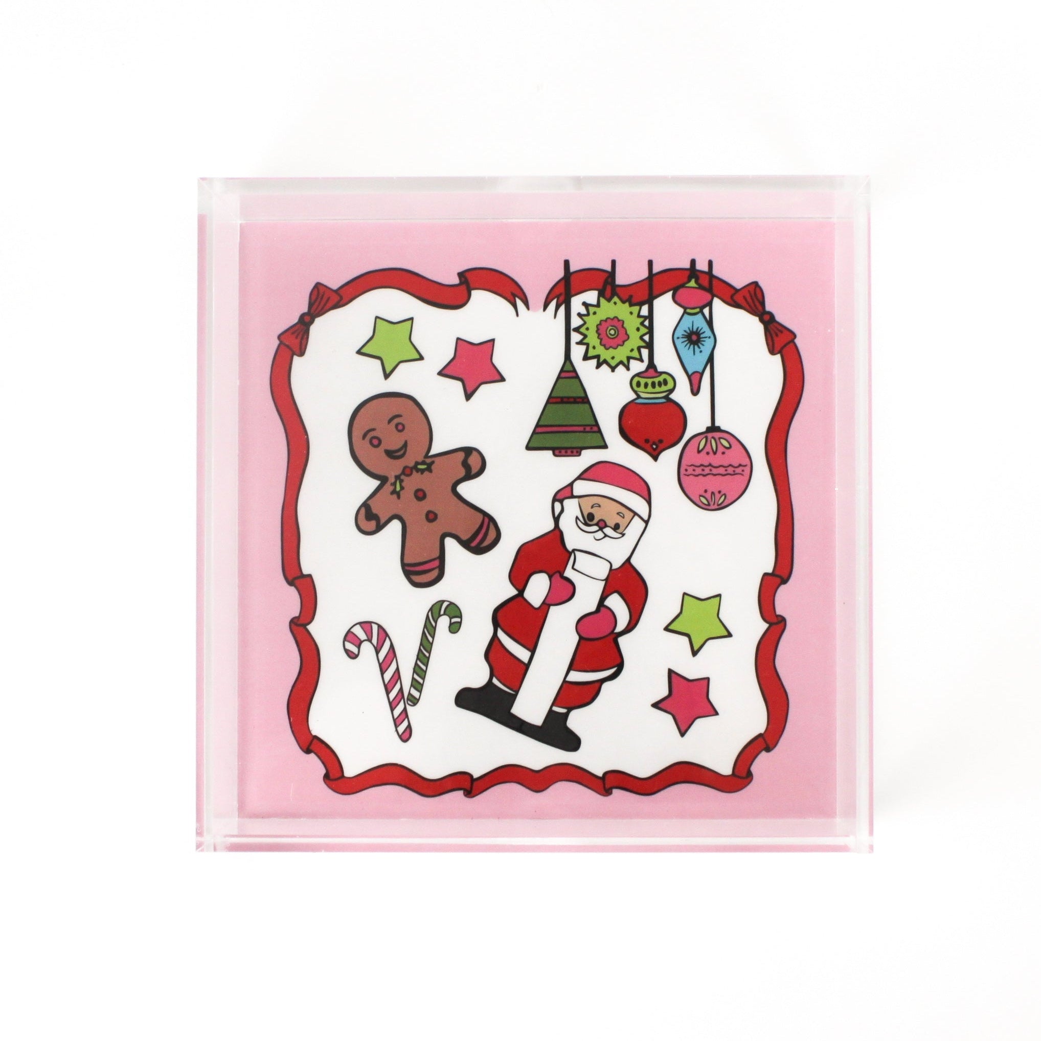 Square acrylic tray with Santa & Friends, stars, ornaments, and candy canes on white background with pink and red border.