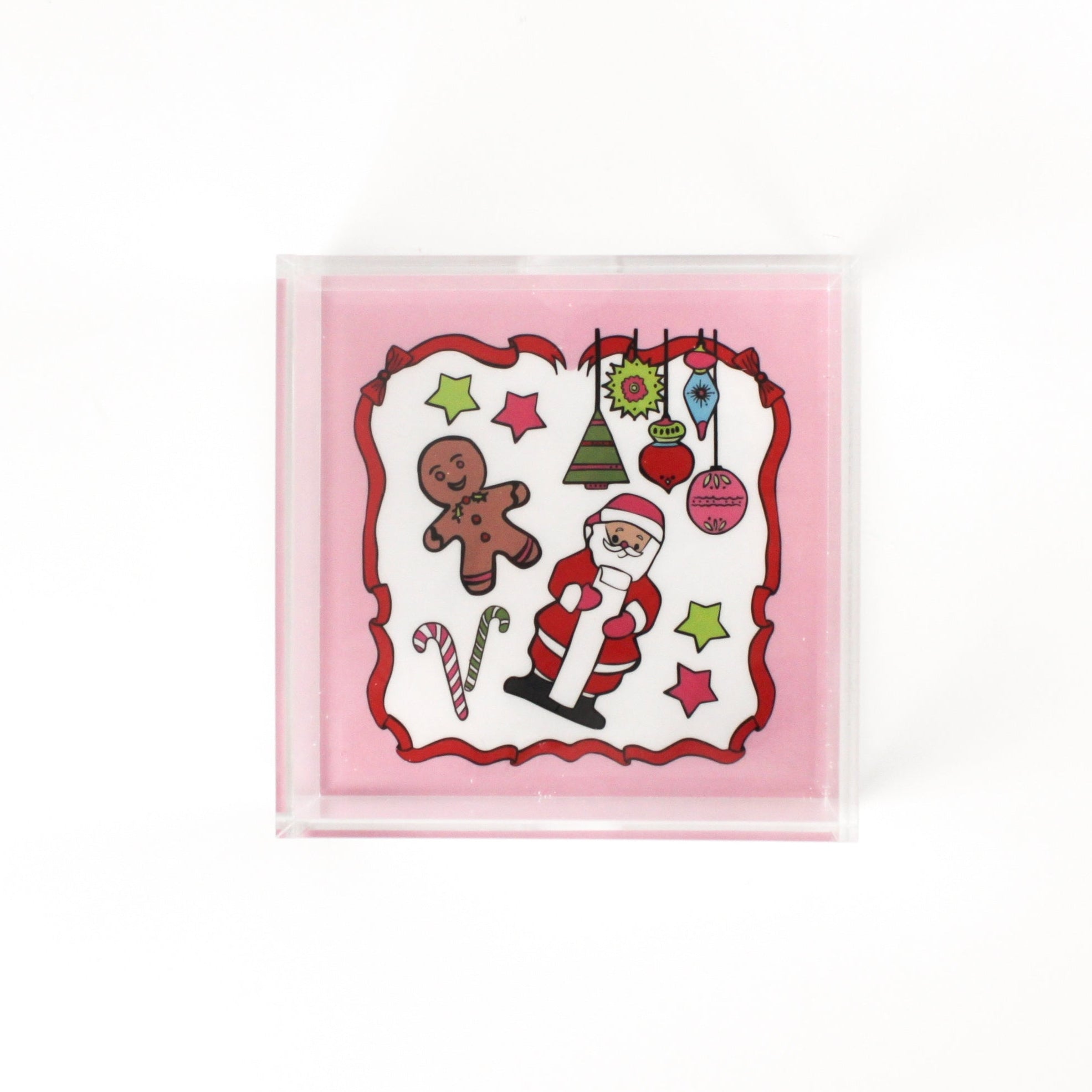 Square acrylic tray with Santa & Friends, stars, ornaments, and candy canes on white background with pink and red border.