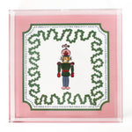 Nutcracker Square Acrylic Tray with in large size with pink and green border and Nutcracker in the center.