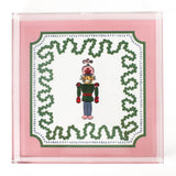 Nutcracker Square Acrylic Tray with in large size with pink and green border and Nutcracker in the center.