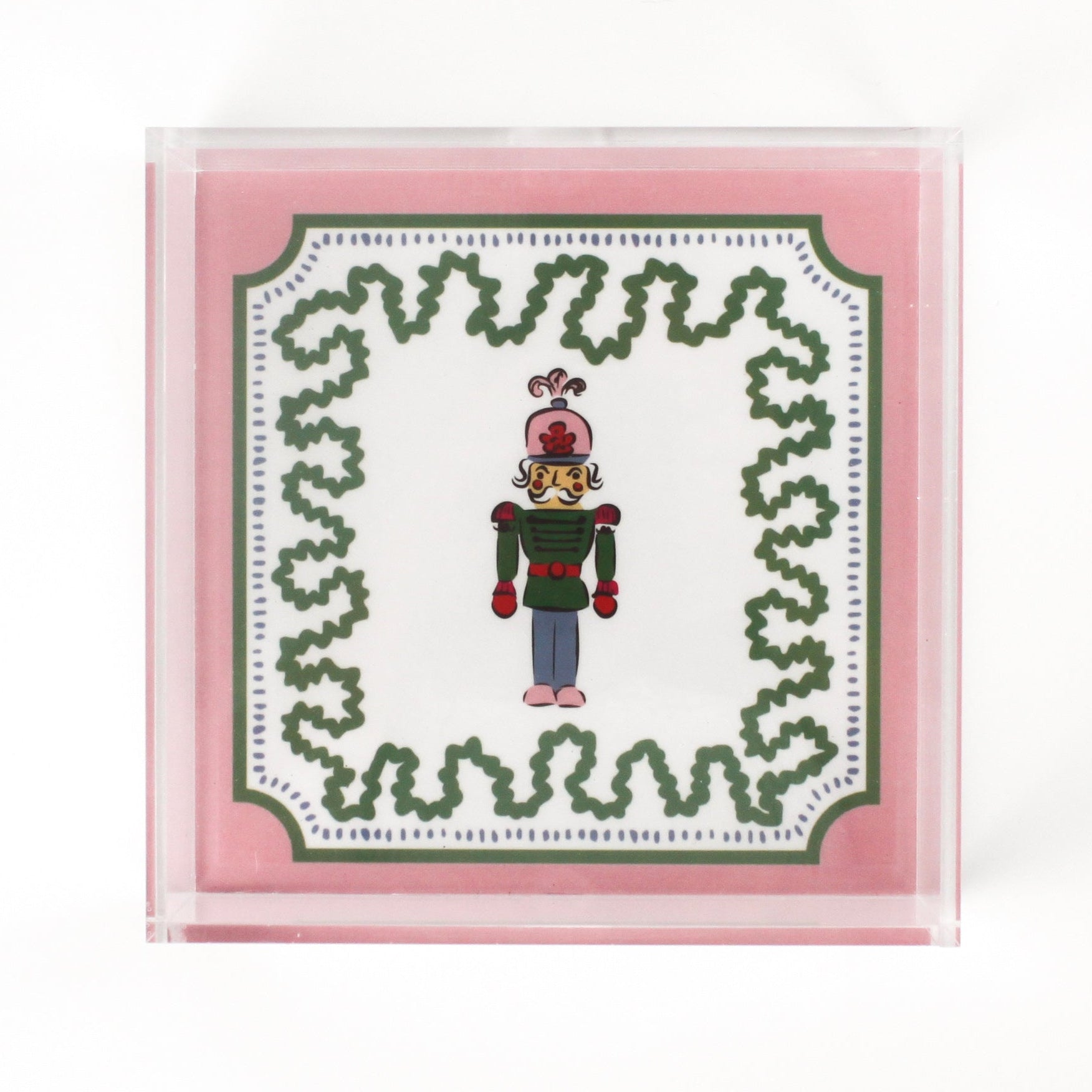 Nutcracker Square Acrylic Tray with in medium size with pink and green border and Nutcracker in the center.