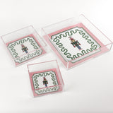 Nutcracker Square Acrylic Tray with in 3 sizes with pink and green border and Nutcracker in the center.