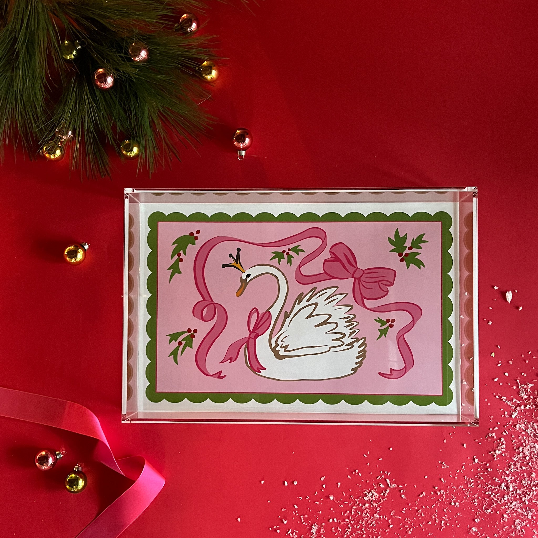 Christmas Swan Rectangular Acrylic Tray, in 2 Sizes. White swan with pink bow, and green scallop border.