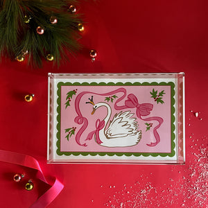 Christmas Swan Rectangular Acrylic Tray, in 2 Sizes. White swan with pink bow, and green scallop border.