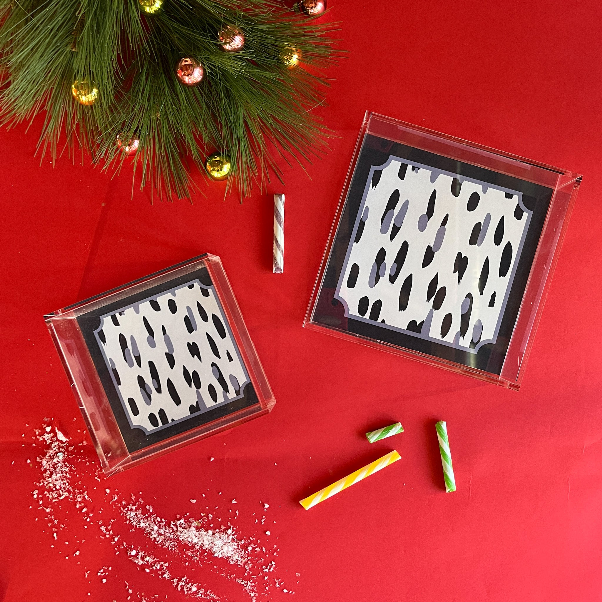 Club House Navy Blue Square Acrylic Tray, 3 Sizes. Club House is two shades of blue style brush strokes with a blue border.
