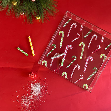 Dancing Candy Canes Square Acrylic Tray, in 3 sizes.  Red background with multicolor stripe candy canes