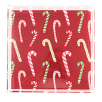 Dancing Candy Canes Square Acrylic Tray, in large size.  Red background with multicolor stripe candy canes