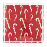 Dancing Candy Canes Square Acrylic Tray, in large size.  Red background with multicolor stripe candy canes